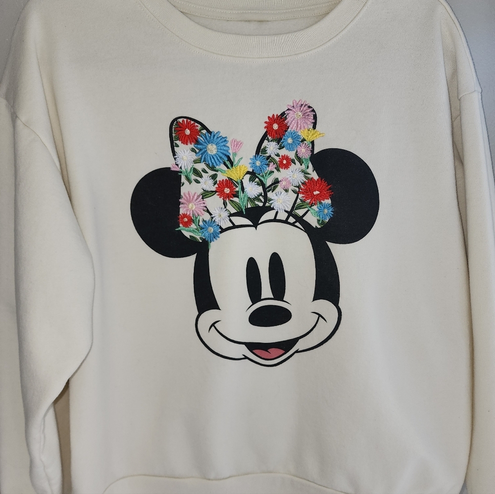 Disney Cream Sweatshirt with Black Minnie Face and Multicolor Floral Bow